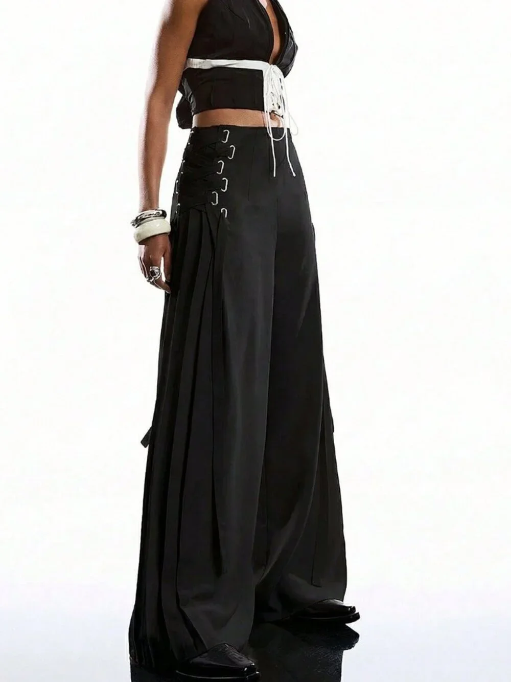 Black Women's Minimalist Casual lace up detailed pleated wide legged pants